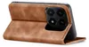 A brown leather flip case for a smartphone is shown standing upright. Produktbild-Vorschau