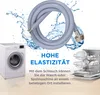 A washing machine and dishwasher are shown next to a coiled water hose, with water splashes around the hose. Text highlights the hose's elasticity and its ability to install appliances anywhere. Produktbild-Vorschau