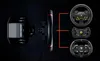 A Thrustmaster direct drive wheel base connected to a wheel rim, with three different wheel rims shown to the right, connected by orange lines indicating compatibility. Anteprima dell’immagine prodotto