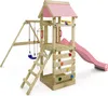 A wooden play structure with a pink roof, slide, and swings, set against a white background. Podgląd zdjęcia produktu
