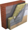 A cross-section diagram illustrating the layers of a building facade insulation system. Produktbild-Vorschau