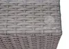 A close-up view of the woven texture of a gray outdoor furniture set, with a clear glass tabletop and a suction cup visible. Produktbild-Vorschau