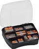 A black plastic case filled with various Wago lever connectors, with the clear lid open. Produktbild-Vorschau