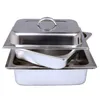 A stack of stainless steel chafing dishes, one with a lid, on a white background. Produktbild-Vorschau