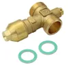 A brass safety valve and two green gaskets are shown against a white background. Produktbild-Vorschau