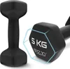 Two black dumbbells are shown against a white background. One dumbbell is in the foreground, angled, with a blue hexagonal outline highlighting its weight and brand. The other dumbbell is in the background, standing upright. Produktbild-Vorschau