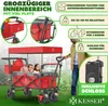 A red foldable wagon with two children inside, being pushed by a man outdoors. Produktbild-Vorschau