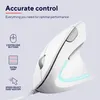 A white ergonomic mouse with blue LED lighting is shown against a light gray background, with marketing text and icons highlighting its features. Anteprima dell’immagine prodotto