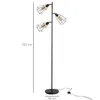 A black floor lamp with three cage-style lampshades is shown against a white background. Dimensions are indicated by lines and text. Produktbild-Vorschau