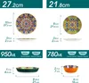 Diagrams showing the dimensions and capacities of plates and bowls, with decorative patterns. Náhled obrázku produktu