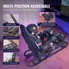 A person is using a racing simulator cockpit with a steering wheel and pedals. The image includes text overlays highlighting adjustable features. Produktbild-Vorschau