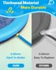 A split image comparing two different splash pools. The left side shows a blue pool with a blue hose and yellow cap, labeled 'OURS' with text indicating it's 0.58mm and hard to break. The right side shows a gray pool with a black hose spraying water, label Produktbild-Vorschau