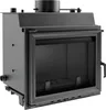 A black metal fireplace insert with a glass door and a chimney pipe on top, shown from a three-quarter front angle. Produktbild-Vorschau