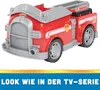 A toy fire truck, likely from a children's show, is shown from a side-front angle against a white background. A blue banner with yellow trim at the bottom contains text. Produktbild-Vorschau