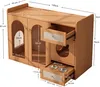 A diagram showing the dimensions of a wooden cat cabinet with drawers and openings. Produktbild-Vorschau