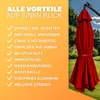 A red umbrella is shown closed, with a list of its features on the left side of the image. Produktbild-Vorschau