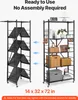 A comparison of a folded and unfolded shelving unit, with arrows indicating the unfolding process. The unfolded unit is shown with various items on its shelves. Produktbild-Vorschau