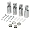 A collection of chrome-plated bathroom radiator accessories, including mounting brackets, screws, wall plugs, and decorative caps, arranged on a white background. Náhled obrázku produktu