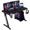 A gaming desk setup with dual monitors, a computer tower, keyboard, mouse, headphones, and a drink. Produktbild-Vorschau