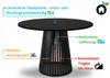 A black round dining table with descriptive text and icons highlighting its features. Produktbild-Vorschau