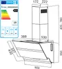 A technical drawing of a range hood with an attached energy efficiency label. Produktbild-Vorschau