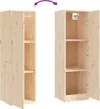 Two identical pine wood cabinets are shown side-by-side. The cabinet on the left is closed, while the cabinet on the right is open, revealing its interior shelves. An arrow indicates a possible connection or arrangement between the two cabinets. Voir les images du produit