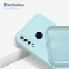 A close-up view of a light blue silicone phone case, showing its interior and exterior texture, with text overlay. Produktbild-Vorschau