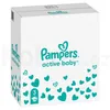 A white cardboard box for Pampers Active Baby diapers, decorated with teal hearts and the Pampers logo. Podgląd zdjęcia produktu