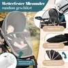 A baby is sleeping in a stroller, protected by a mesh net. The image also shows various accessories for the stroller. Produktbild-Vorschau