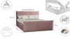 Diagrams and measurements of a pink upholstered bed frame, showing dimensions and storage features. Produktbild-Vorschau