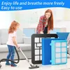 A mother and daughter in a living room, with vacuum cleaner filters displayed in the foreground. Produktbild-Vorschau