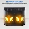 A black air fryer with its heating elements illuminated, set against a light gray and white background. Text overlays describe its features. Produktbild-Vorschau