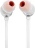 A close-up studio shot of a pair of white in-ear headphones with orange accents. Produktbild-Vorschau