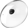 A clear glass lid with a black handle for a pot or pan. Podgląd zdjęcia produktu