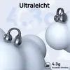 Close-up of two open-ear Bluetooth headphones resting on soft, cloud-like surfaces, with text overlays highlighting features. Produktbild-Vorschau