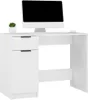 A white desk with a computer monitor and a small potted plant. Podgląd zdjęcia produktu
