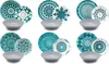 A collage of six different sets of plates and bowls, each featuring a mandala-like pattern in shades of blue and teal, with a plain gray bowl in front of each set. Anteprima dell’immagine prodotto