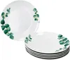 A stack of white plates with a green eucalyptus leaf pattern on the rim, with one plate slightly separated and angled. Produktbild-Vorschau