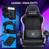 A gaming chair with LED lights and storage pockets, presented with close-up views of its features. Produktbild-Vorschau