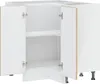 A white corner kitchen cabinet with its doors open, revealing shelves inside. Podgląd zdjęcia produktu