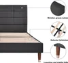 A close-up view of a dark gray upholstered bed frame, highlighting its features with callout circles and text. Produktbild-Vorschau