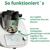 A close-up view of a kitchen appliance with text and arrows explaining its function. Produktbild-Vorschau