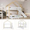 A collage of images showing a white bunk bed with a wooden frame, a slide, and drawers, set in a child's bedroom. Náhled obrázku produktu