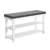 A white wooden bench with a gray cushioned seat and two slatted shelves for shoe storage, isolated on a white background. Náhled obrázku produktu