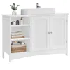 A white bathroom vanity with a vessel sink and faucet on top. The vanity has two cabinet doors and open shelving on the left side. Produktbild-Vorschau