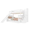A white bunk bed with a slide and stairs, set against a white background. Produktbild-Vorschau