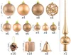 A collection of champagne-colored Christmas ornaments and a tree topper, arranged on a white background with size and quantity labels. Náhled obrázku produktu