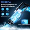 A close-up marketing image of a cordless vacuum cleaner, highlighting its suction power and features with glowing blue accents and text overlays. Produktbild-Vorschau