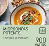 A close-up of a bowl of soup with toppings, with marketing text and icons below. Produktbild-Vorschau