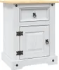 A white wooden nightstand with a single drawer and a cabinet door, set against a white background. Produktbild-Vorschau